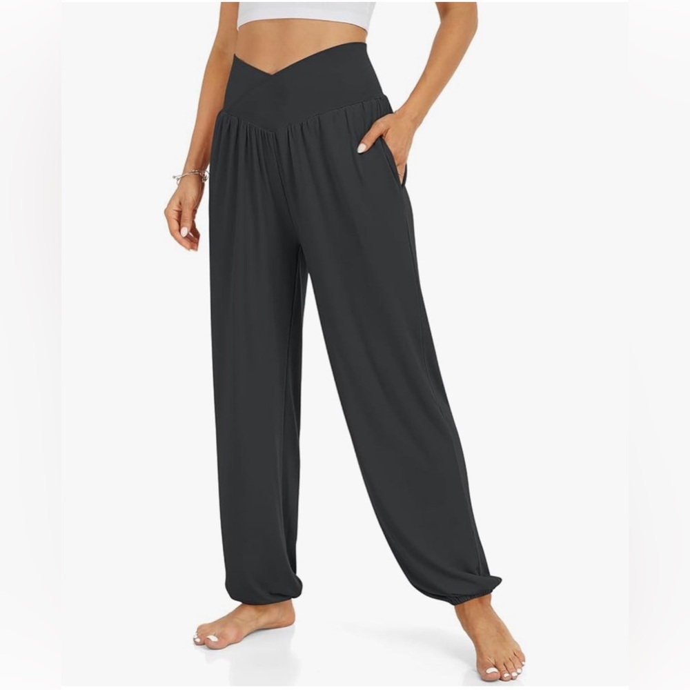 Daceslon Women's Crossover‎ High Waisted Yoga Pants Harem Joggers Lounge- BLACK